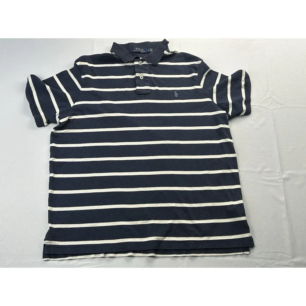 Polo Ralph Lauren Mens L Blue White Striped Polo Shirt 100% Cotton Preppy